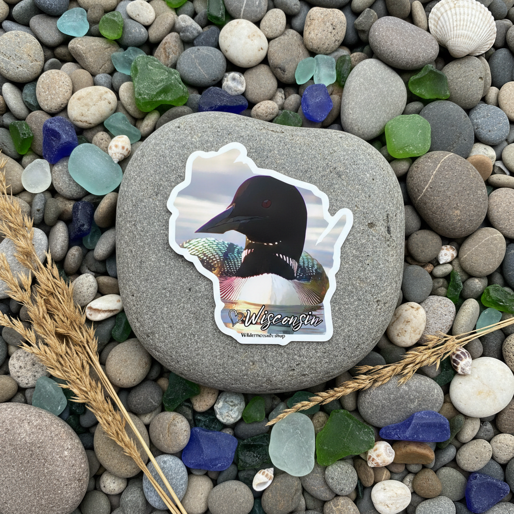 Sticker of a colorful loon on a rock surrounded by sea glass and pebbles