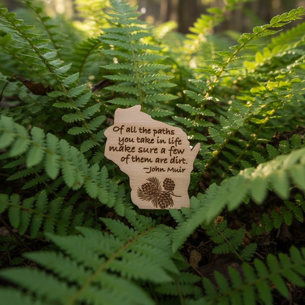 A small engraved wooden magnet shaped like the state of Wisconsin, placed among green fern leaves in a forest setting. The plaque is light natural wood with dark engraved text reading, "Of all the paths you take in life make sure a few of them are dirt.