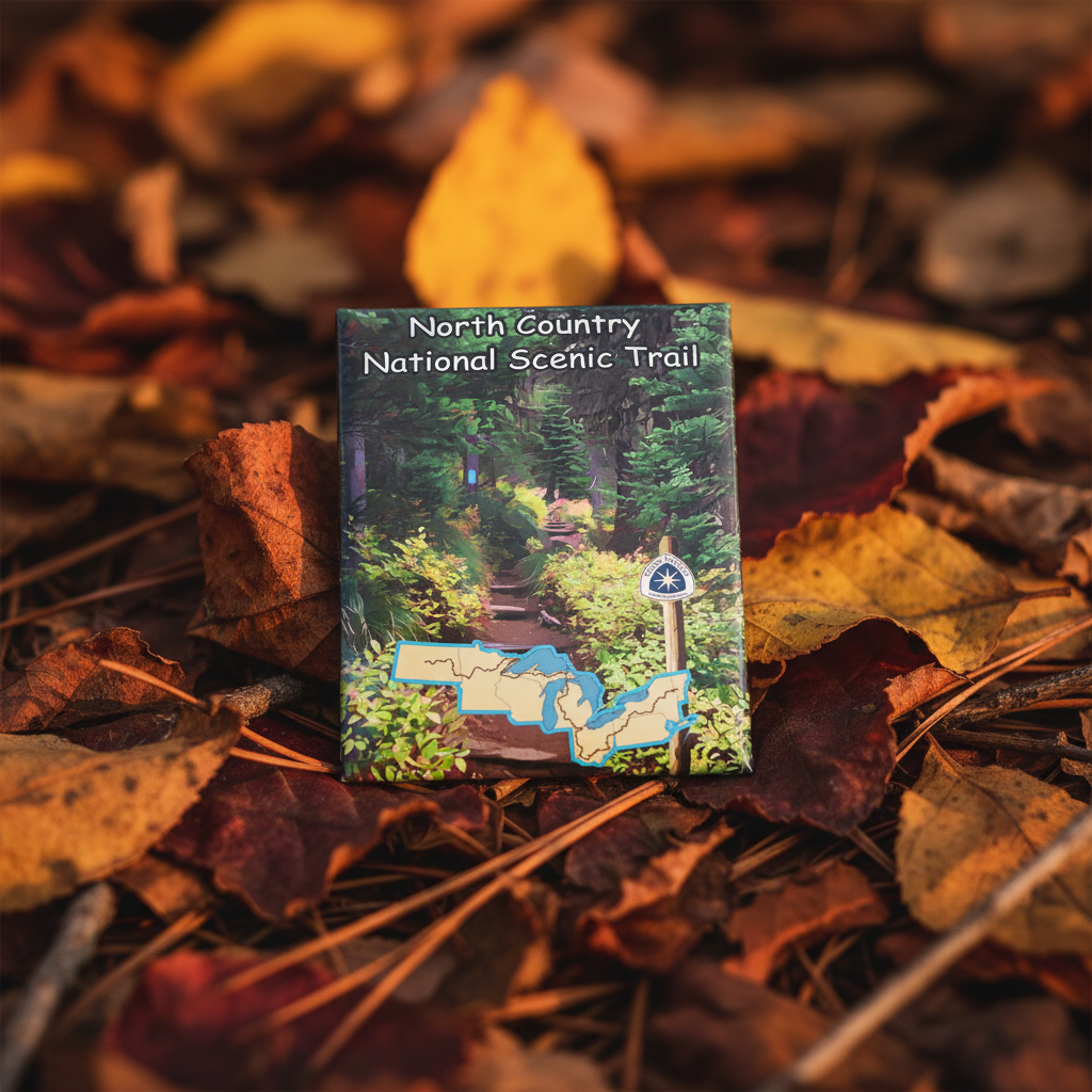 North country Trail magnet sitting on a leafy forest floor.