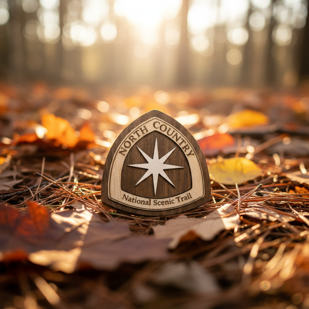North country Trail magnet sitting on a leafy forest floor at sunset.