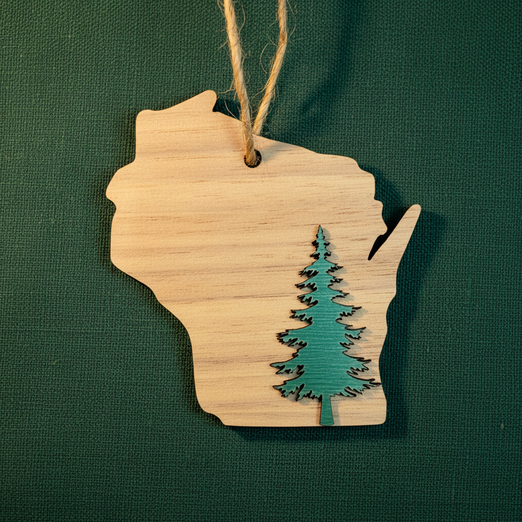 Wooden ornament shaped like the state of Wisconsin with a green tree cutout on a green background
