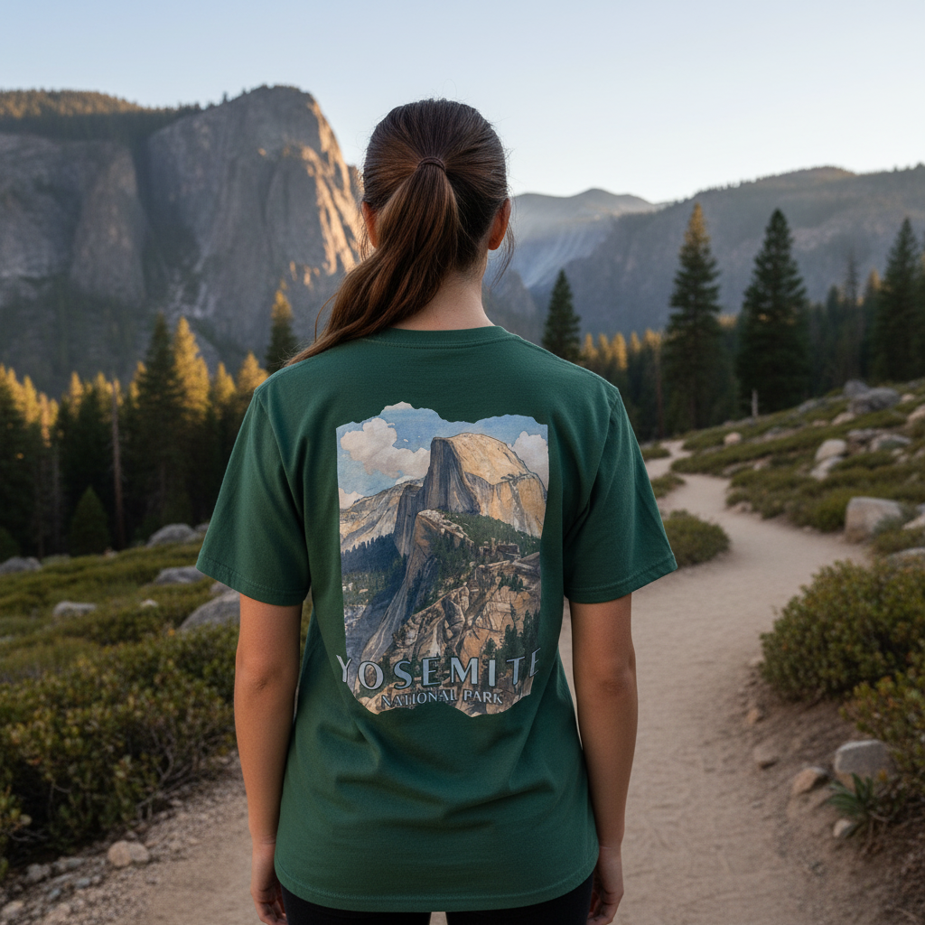 Person wearing a green t-shirt with Yosemite National Park design, standing on a trail with mountains in the background.