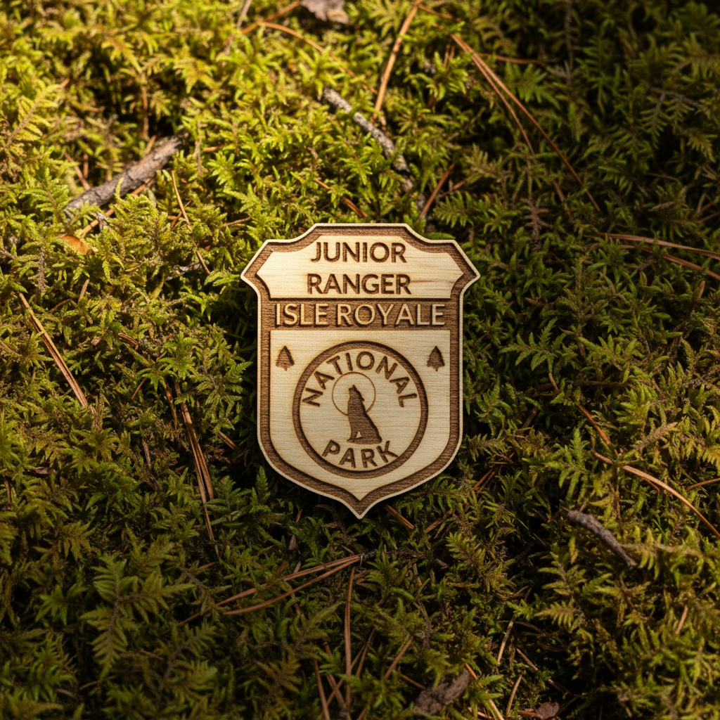 A small shield-shaped wooden badge reading 'JUNIOR RANGER ISERROYALE' and 'NATIONAL PARK' rests on dense green moss outdoors.