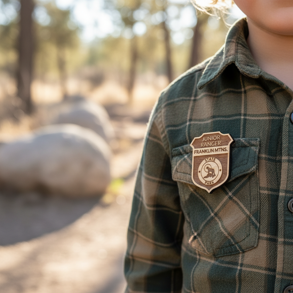 Young kid wearing a Franklin Mountains Junior Ranger Badge pinned to their shirt while walking on a trail