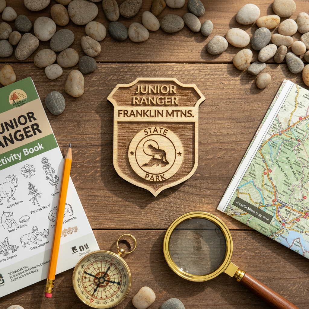 Franklin Mountains Junior Ranger Badge on a wood table top with stones, maps, and other rustic elements.