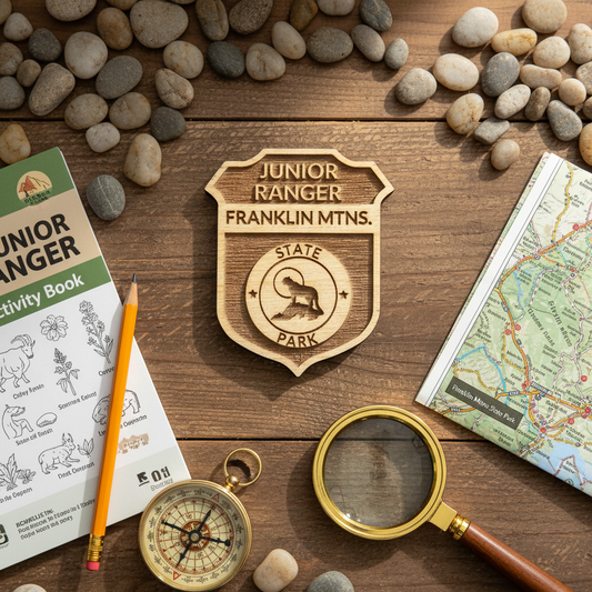 Franklin Mountains Junior Ranger Badge on a wood table top with stones, maps, and other rustic elements.