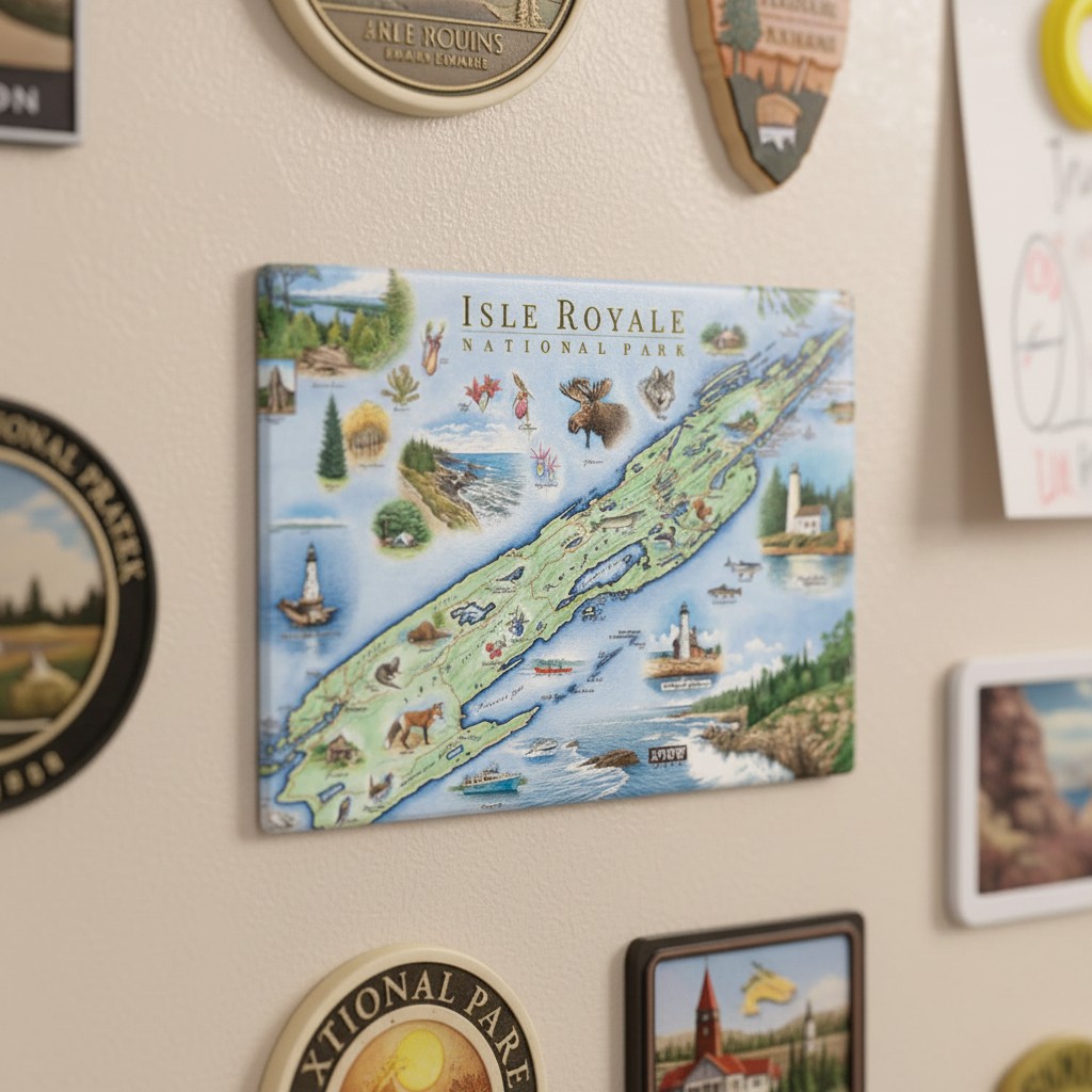 A rectangular illustrated map magnet reading 'Isle Royale National Park' hangs on a beige fridge among other small magnets 
