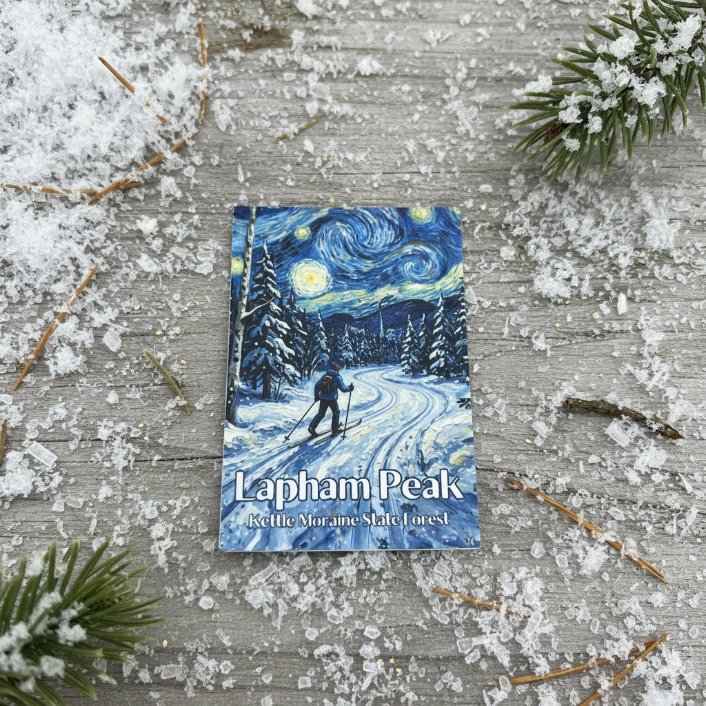 Sticker with a winter scene and 'Lapham Peak' text on a snowy surface.