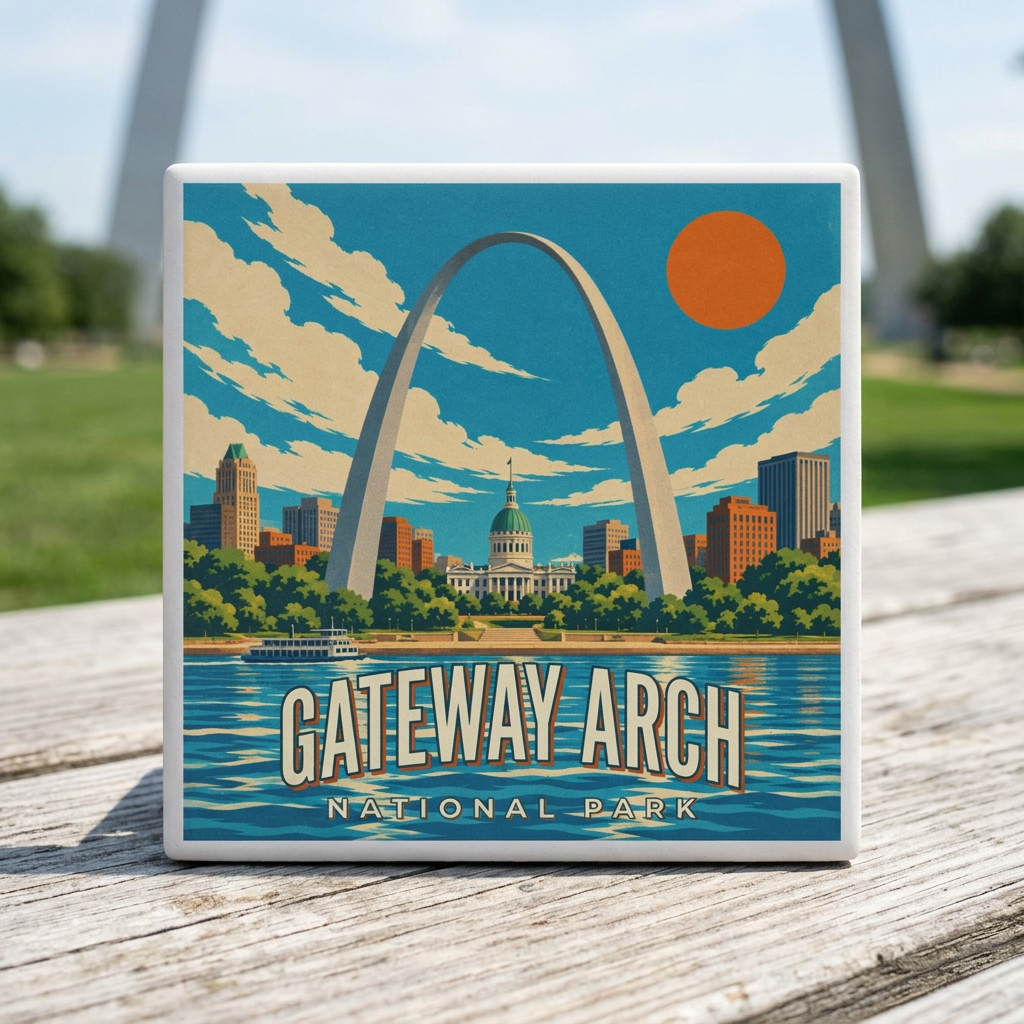 A square ceramic coaster, sitting on a wood picnic table with the gateway arch in the background. The coaster design features, a view of the arch and historic courthouse from the river.
