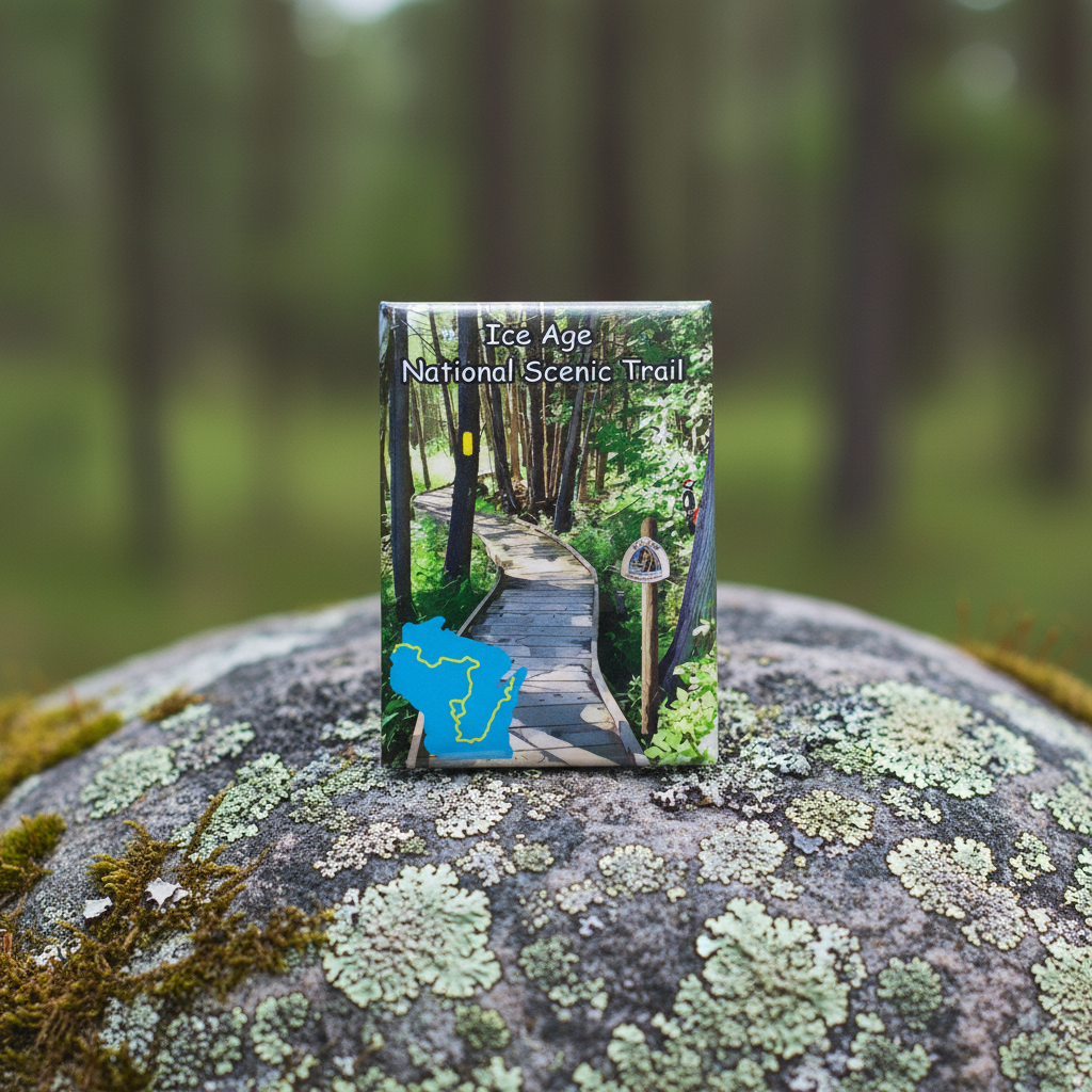 Ice Age Trail, magnet on a lichen covered rock in the forest