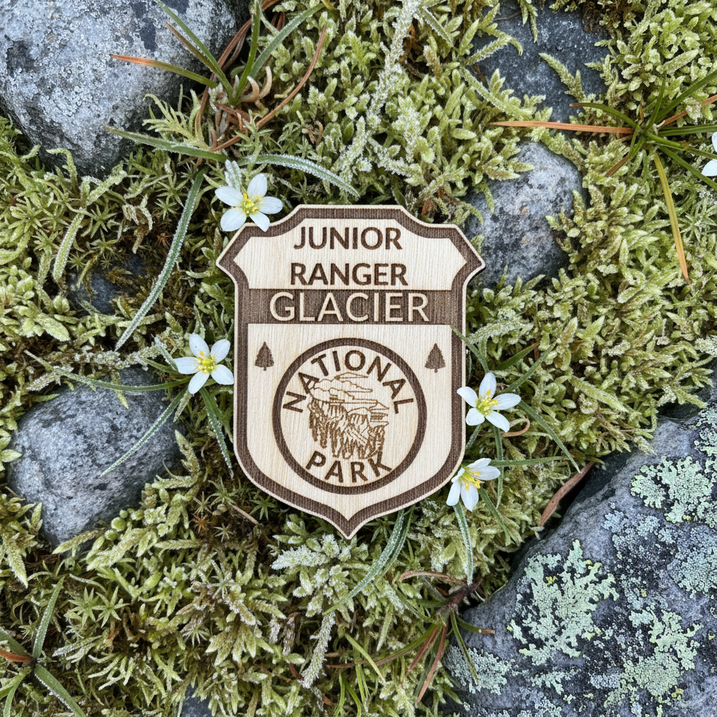 A wooden shield-shaped badge engraved with 'JUNIOR RANGER GLACIER NATIONAL PARK' and an illustration, placed on moss and small white flowers among gray rocks.