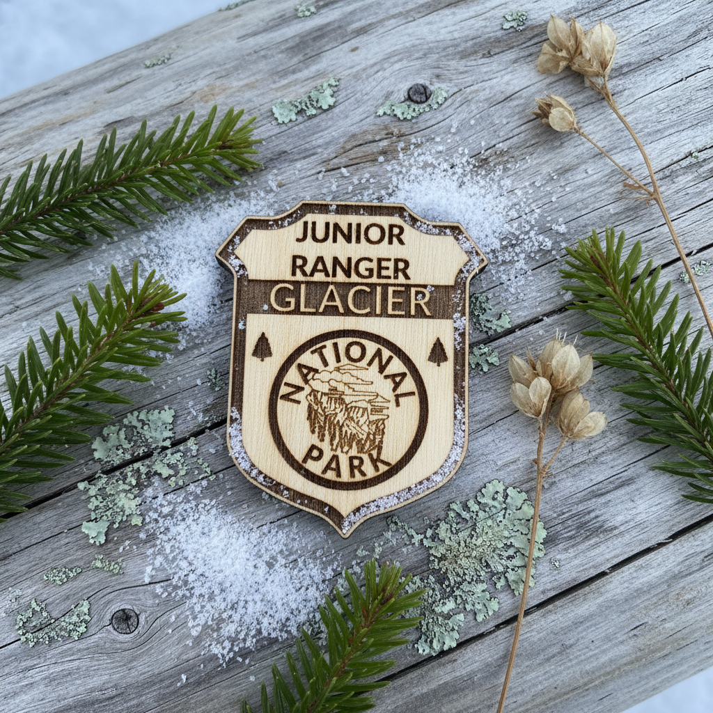 A wooden shield-shaped badge reading 'Junior Ranger Glacier National Park' lies on weathered wood with scattered white powder, green pine branches, and dried flowers.