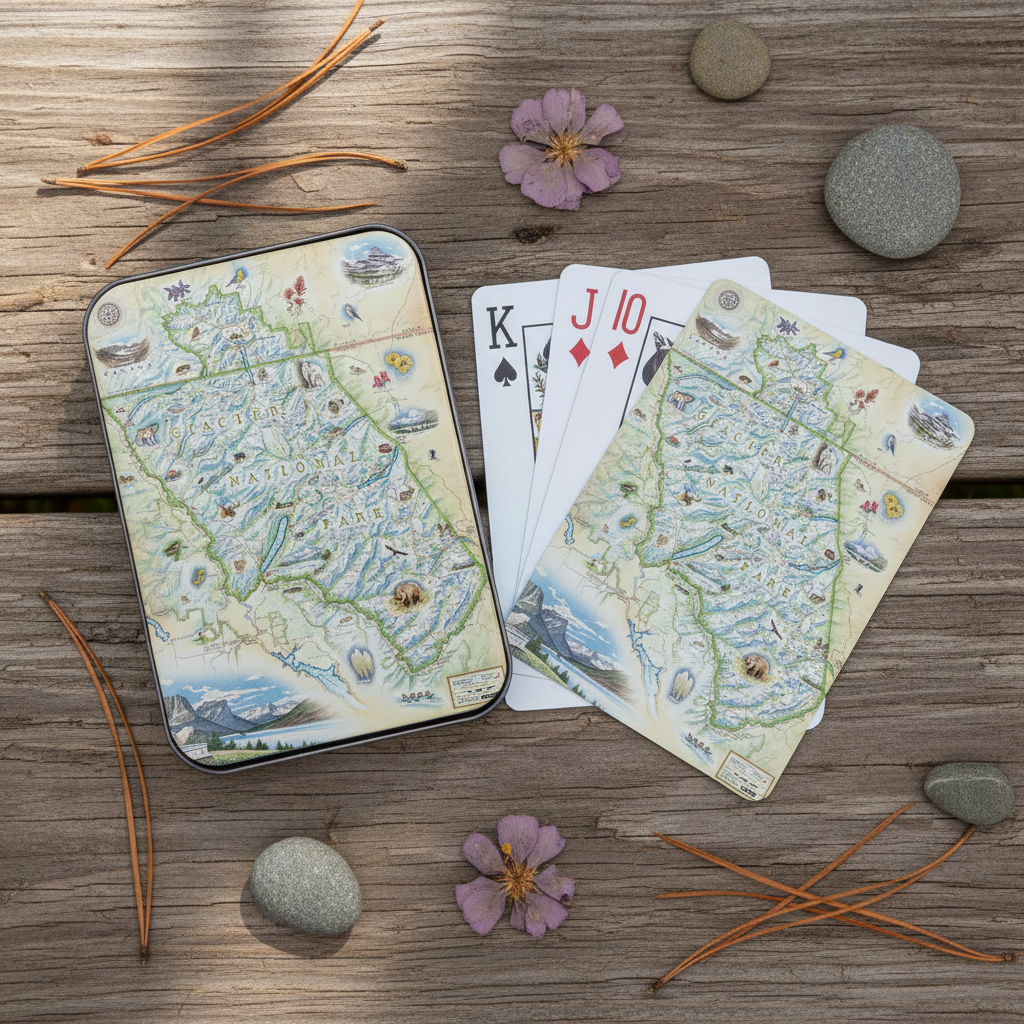 A tin of illustrated playing cards and several cards fanned out on a rustic wooden surface, surrounded by small stones and dried pine needles. The card backs and tin feature a vintage-style map design in soft beige, green, blue, and brown tones.