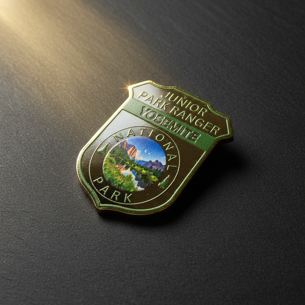 A shield-shaped metal pin for a Junior Park Ranger Yosemite National Park, featuring a gold-toned border, green top section, and a colorful landscape center, displayed on a dark textured surface with a light flare.