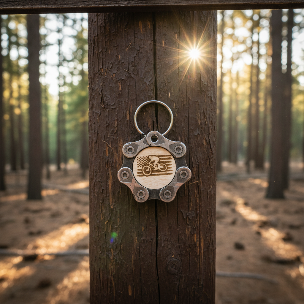 Keychain with bicycle and flag design attached to a post in a forest
