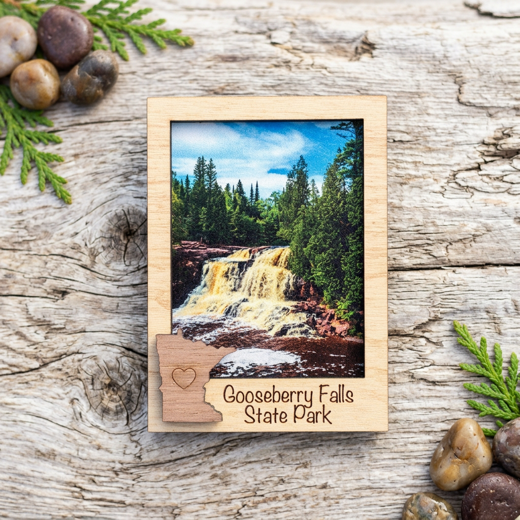 Gooseberry Falls layered art scene magnet with a beautiful cascading waterfall design on driftwood with lake pebbles