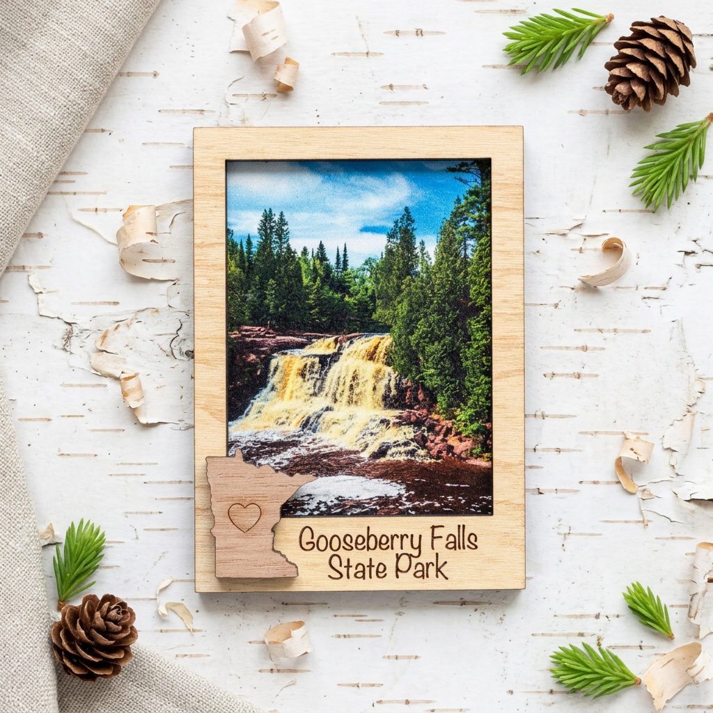 Gooseberry Falls layered art scene magnet with a beautiful cascading waterfall design on white birch bark with spruce accents