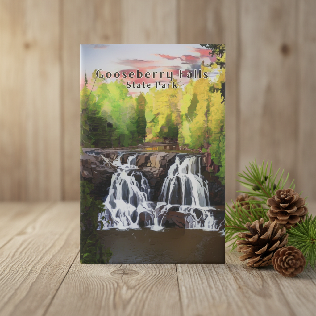 A vertical magnet with a waterfall, green and yellow autumn trees, and the park name printed at the top. The print is displayed on a light wood surface next to pine needles and pinecones.