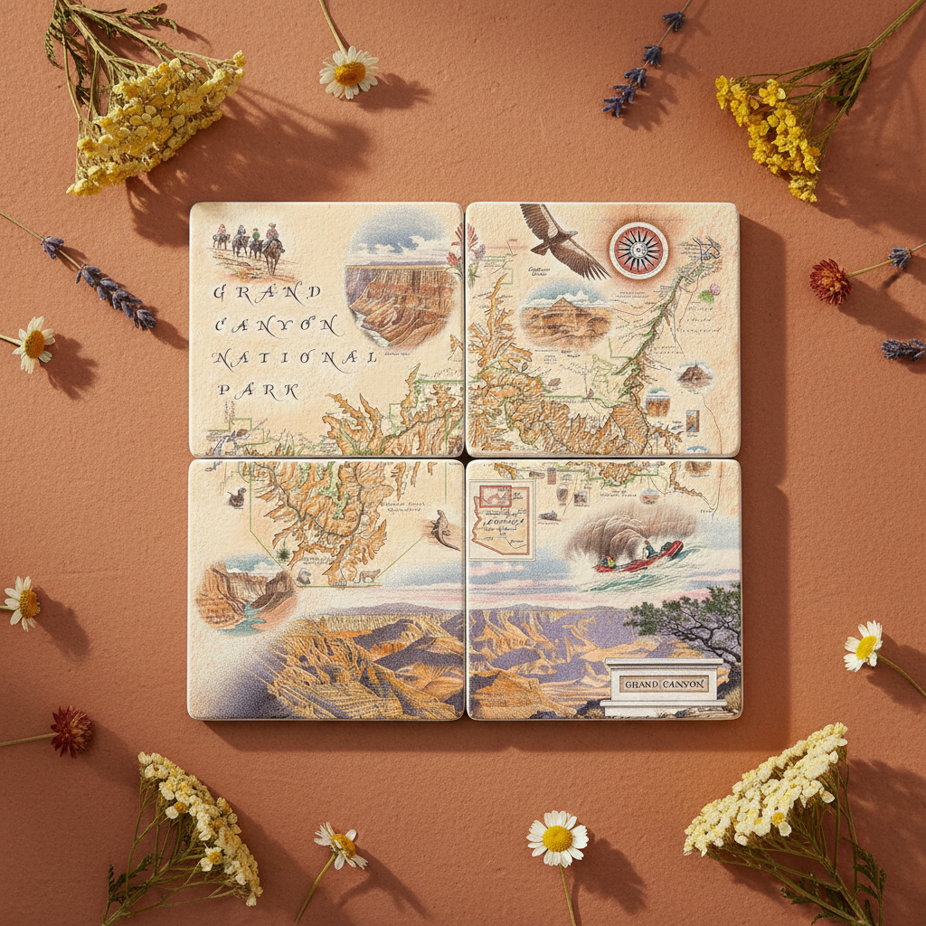 Four square coasters featuring illustrated maps and scenes of Grand Canyon National Park, arranged in a 2x2 grid on a terracotta background with scattered wildflowers.