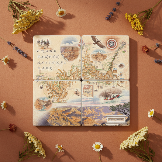 Four square coasters featuring illustrated maps and scenes of Grand Canyon National Park, arranged in a 2x2 grid on a terracotta background with scattered wildflowers.