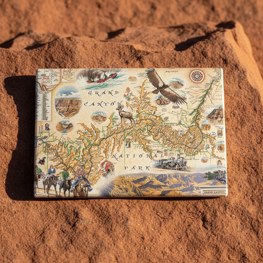 A rectangular map-themed magnet featuring Grand Canyon National Park artwork, placed on a textured reddish-brown rock surface.