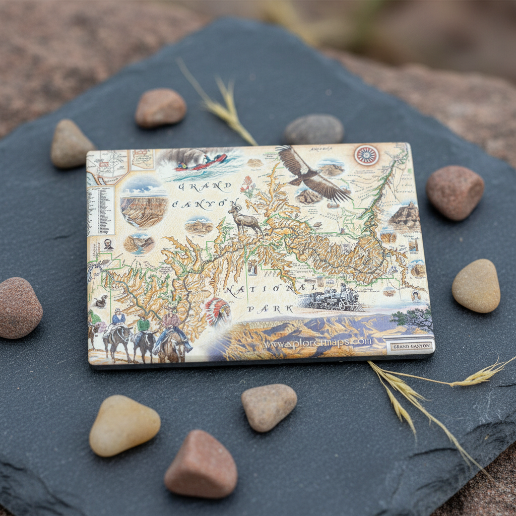 A rectangular map-themed magnet illustrated desert landscapes, cacti, animals, and the words 'Grand Canyon National Park,' styled on a dark slate slab with small stones around it.