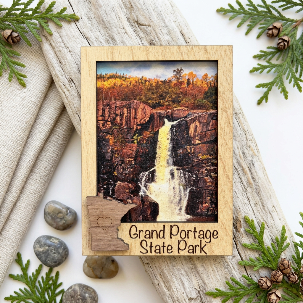 Grand Portage layered magnet with a fall waterfall scene on driftwood with natural linen