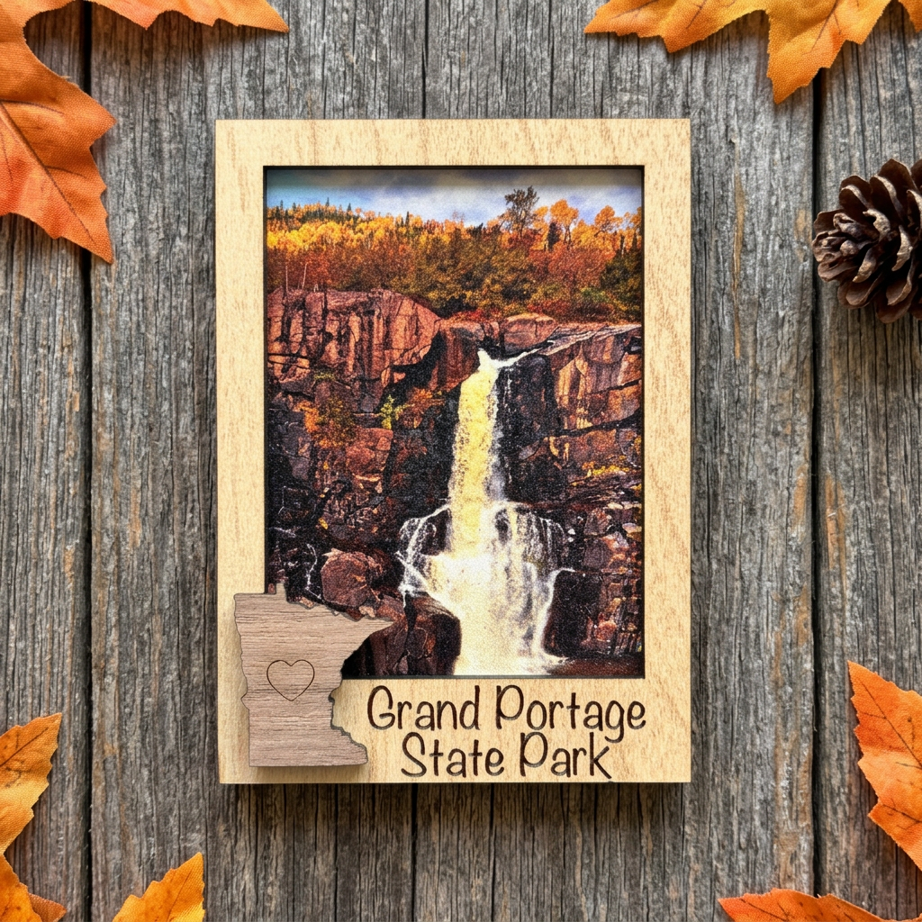 Grand Portage layered magnet with a fall waterfall scene on rustic wood with autumn accents