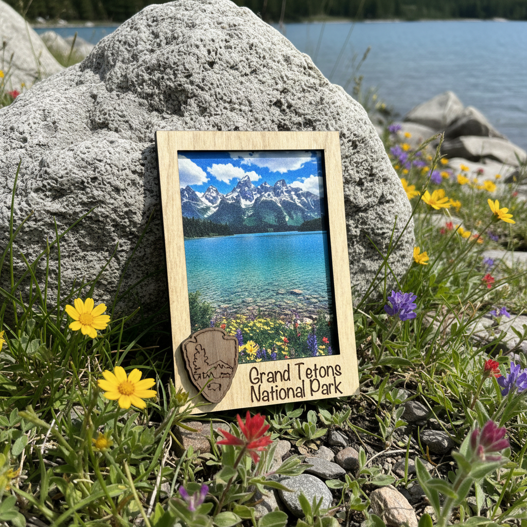 A small framed Grand Teton National Park magnet leaning against a large gray rock in a wildflower meadow near a lake. The frame is light wood, and the printed scene shows blue-turquoise water, mountain peaks, and colorful wildflowers.