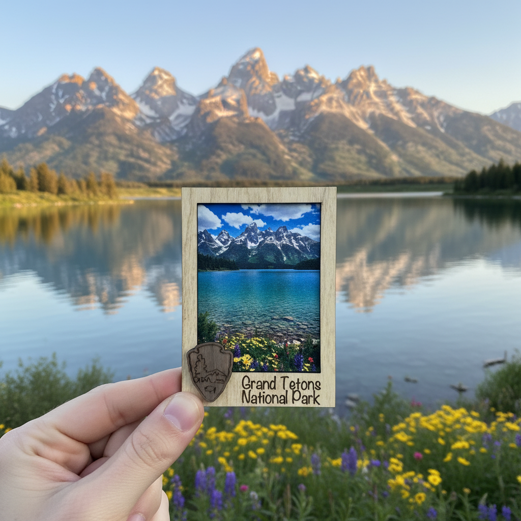 A hand holds a small wooden Grand Teton National Park souvenir photo frame in front of a real mountain lake landscape with wildflowers. The frame shows snow-capped mountains, blue sky, and turquoise water, with the park name printed below.