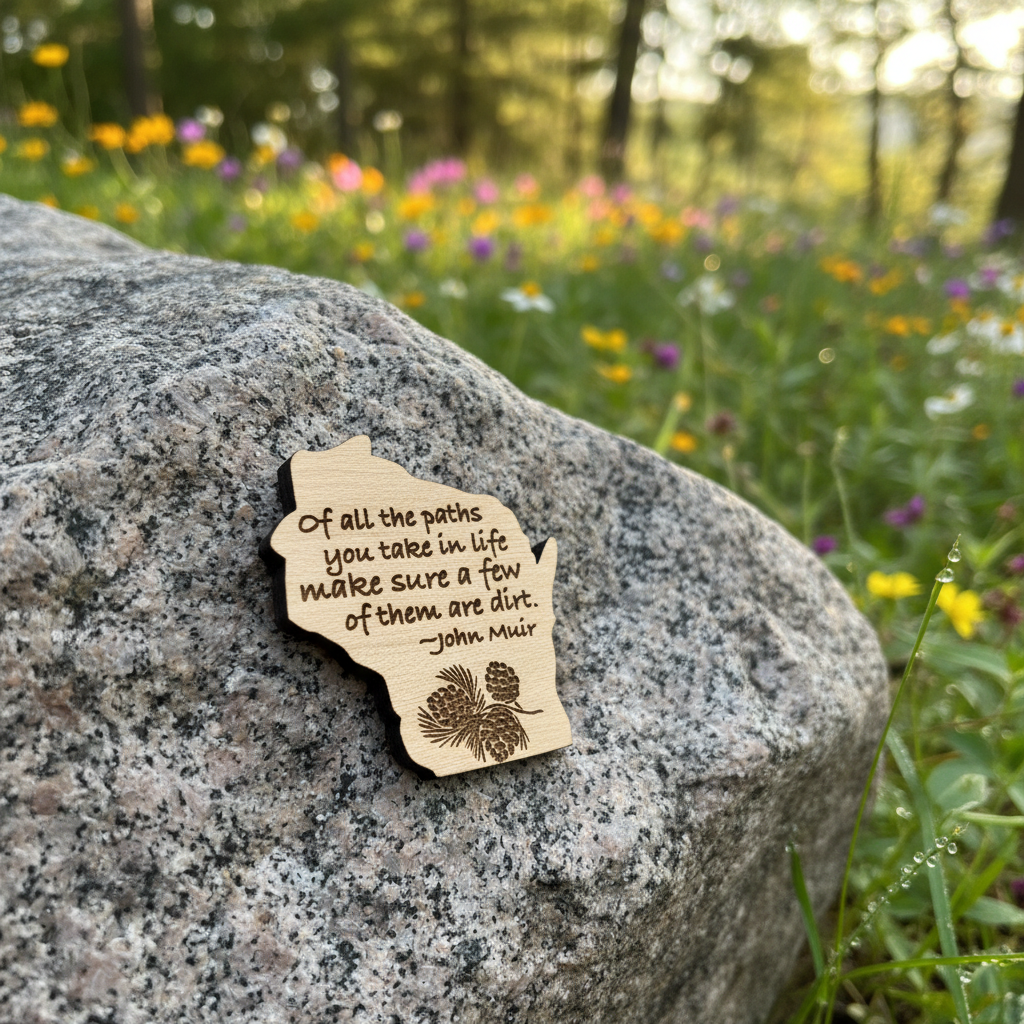 A small wooden magnet shaped like the state of Michigan, engraved with the John Muir quote and pinecones, resting on a large gray rock in a blurred outdoor meadow with wildflowers.