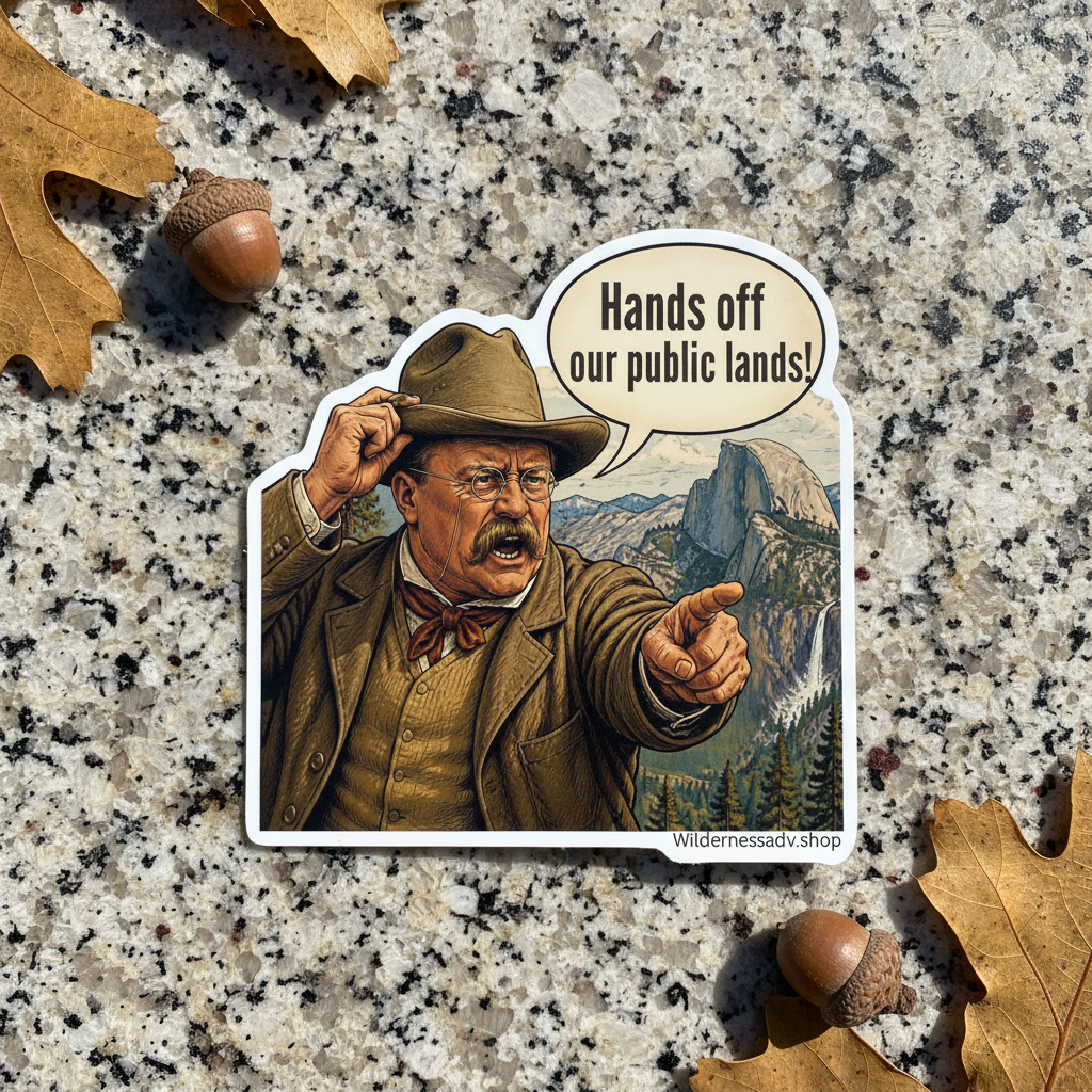 A die-cut sticker featuring a vintage-style illustration of a stern Teddy Roosevelt in a hat pointing outward, with a speech bubble that reads “Hands off our public lands!” The sticker is placed on a speckled stone surface with scattered autumn leaves and acorns around it. Small text at the bottom of the sticker reads “Wildernessadv.shop”