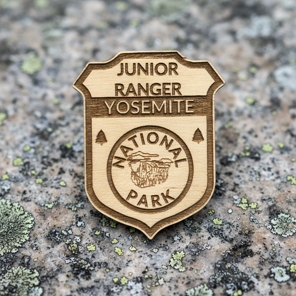 Yosemite national Park Wood, junior Ranger badge sitting on a granite rock
