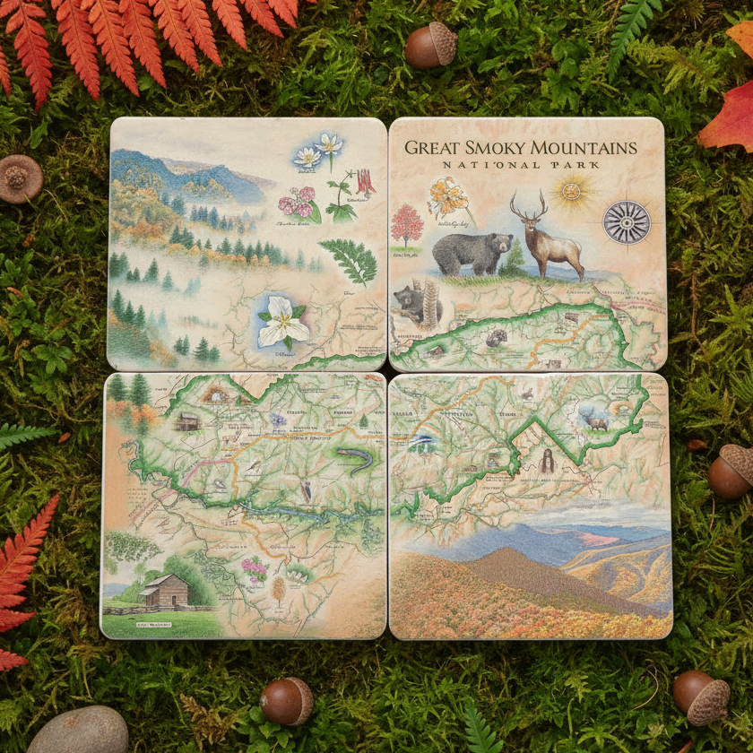 Four square coasters featuring illustrated maps and nature scenes from Great Smoky Mountains National Park, arranged in a 2x2 grid on green moss with red autumn leaves and acorns around them.