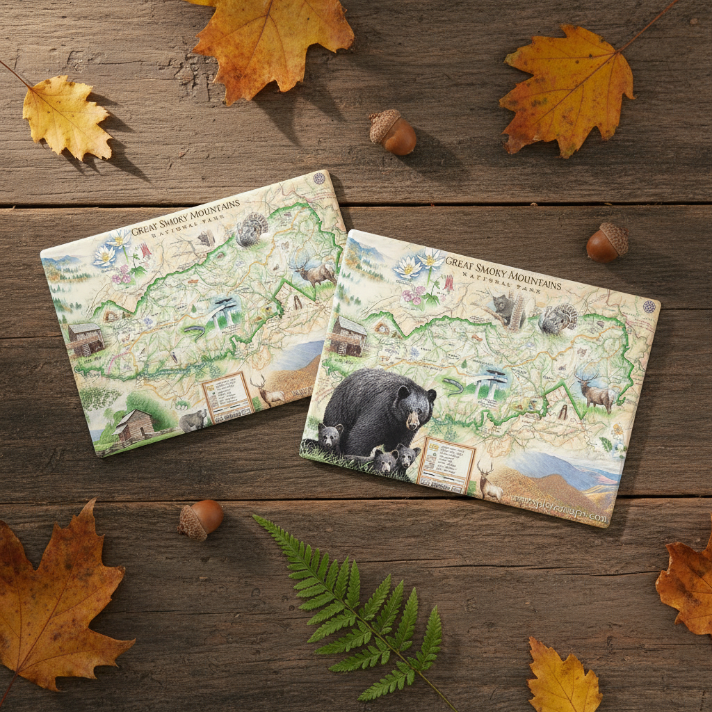 Two illustrated map-style magnets labeled Great Smoky Mountains, arranged on a rustic wooden surface with scattered autumn leaves and acorns.