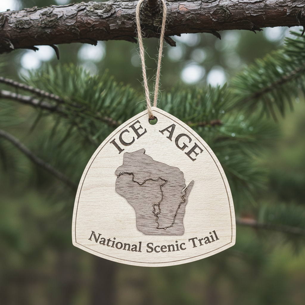 Wooden ornament with 'Ice Age National Scenic Trail' on a branch with green foliage.
