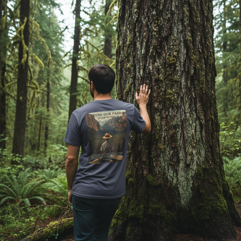 Person wearing a t-shirt with a graphic of a Park Ranger overlooking Yosemite national Park with the text “Defend our parks. It’s up to you!” And an inspiring quote, standing in a forest and touching a large tree.