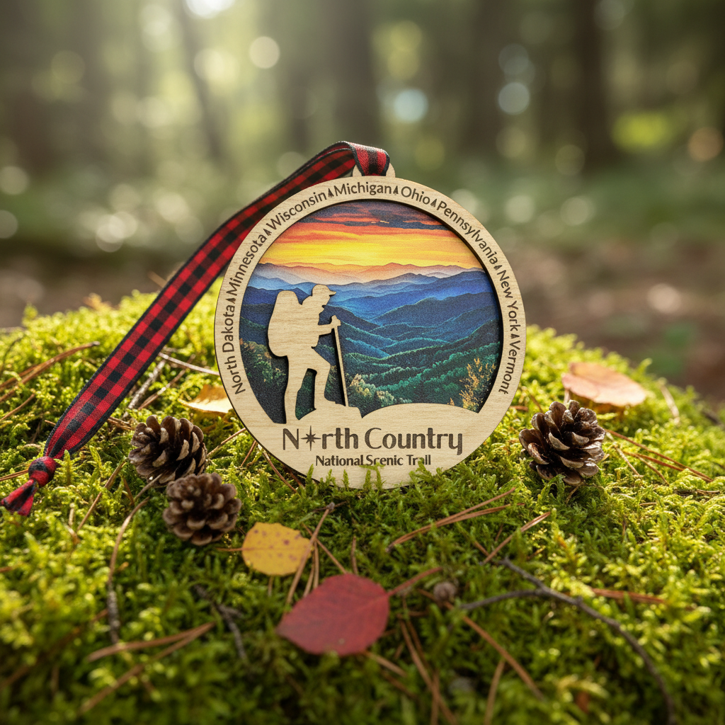 North Country Trail Ornament depicting a hiker against a Mountain View background, sitting on a mossy forest floor.