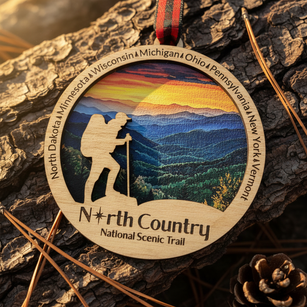 North Country Trail Ornament depicting a hiker against a Mountain View background, laying on a bark background.