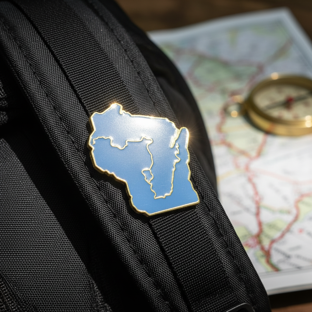 Map of Wisconsin ice age trail pin on a backpack with a map and compass in the background