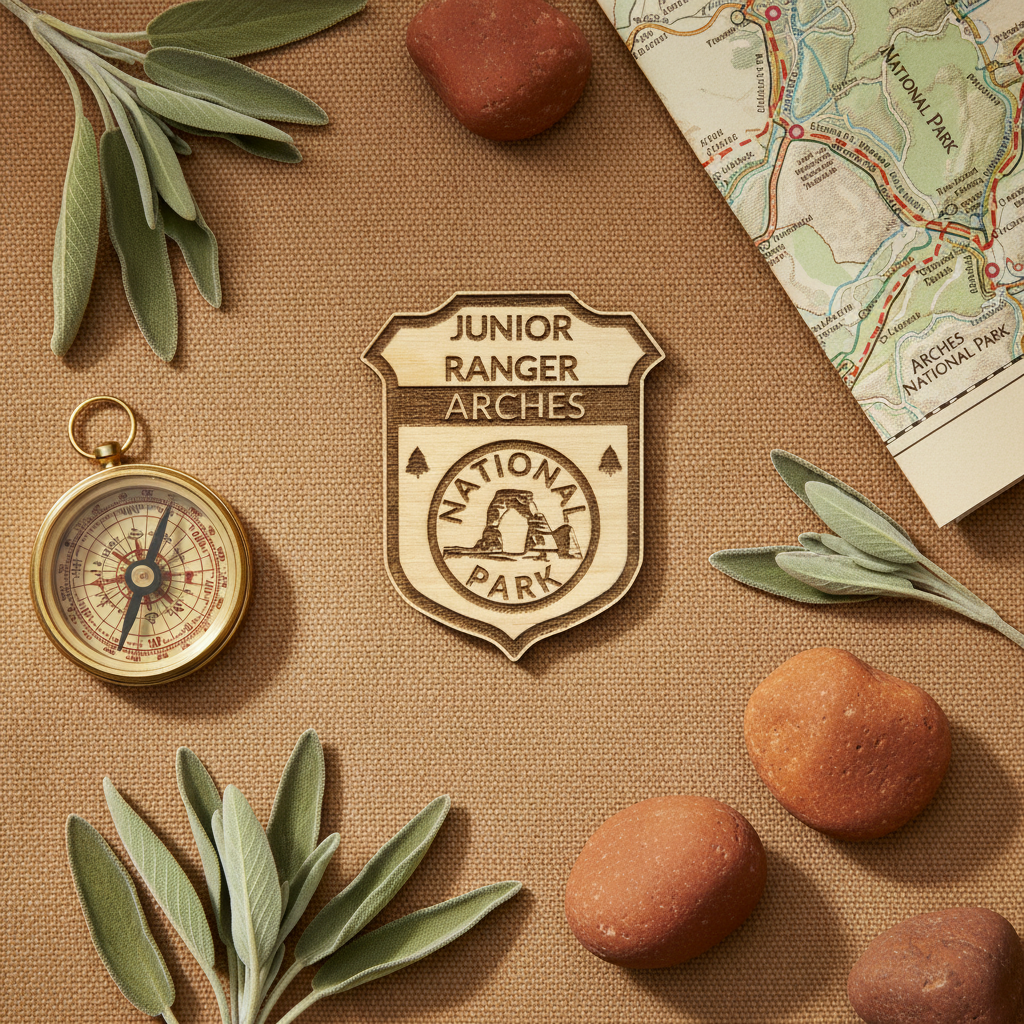 A shield-shaped wooden Junior Ranger Arches National Park badge is displayed in a styled flat-lay arrangement on a tan textured surface, surrounded by a vintage-style brass compass, green sage leaves, reddish-brown stones, and a map.