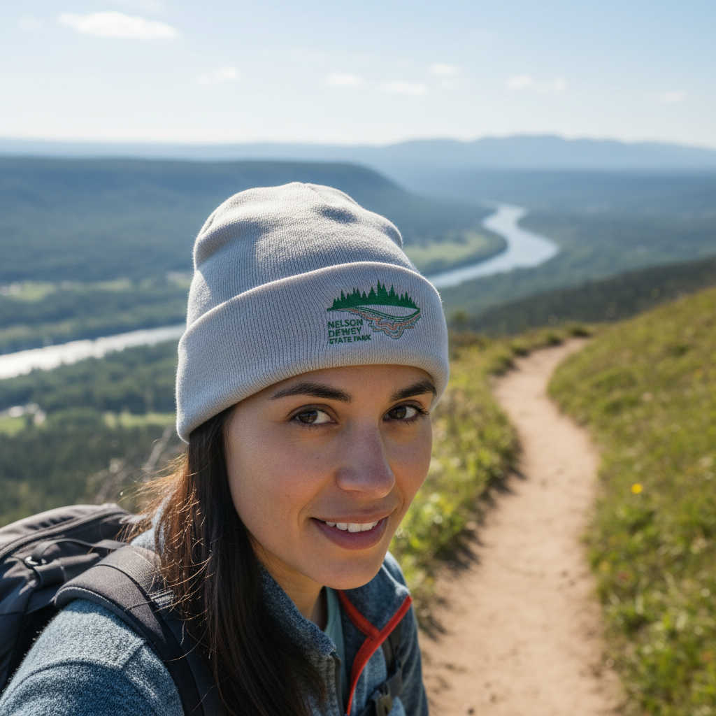 Person wearing a beanie with green embroidered Nelson Dewey State Park design on a hiking trail with a scenic view of foothills and a river.