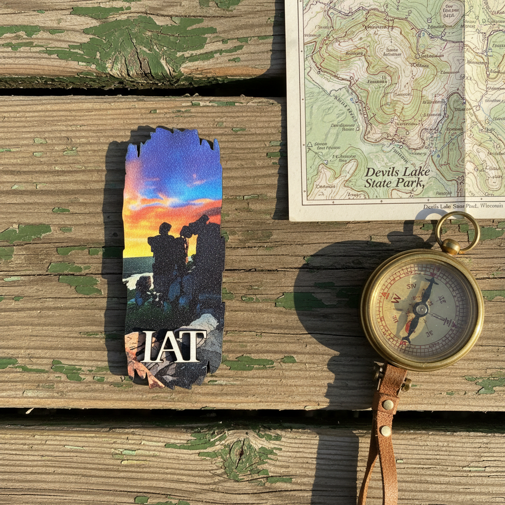 A rectangular souvenir magnet featuring a sunset view of Devil's Lake State Park and the text 'IAT', displayed on a weathered wooden surface next to a vintage-style brass compass and a map.