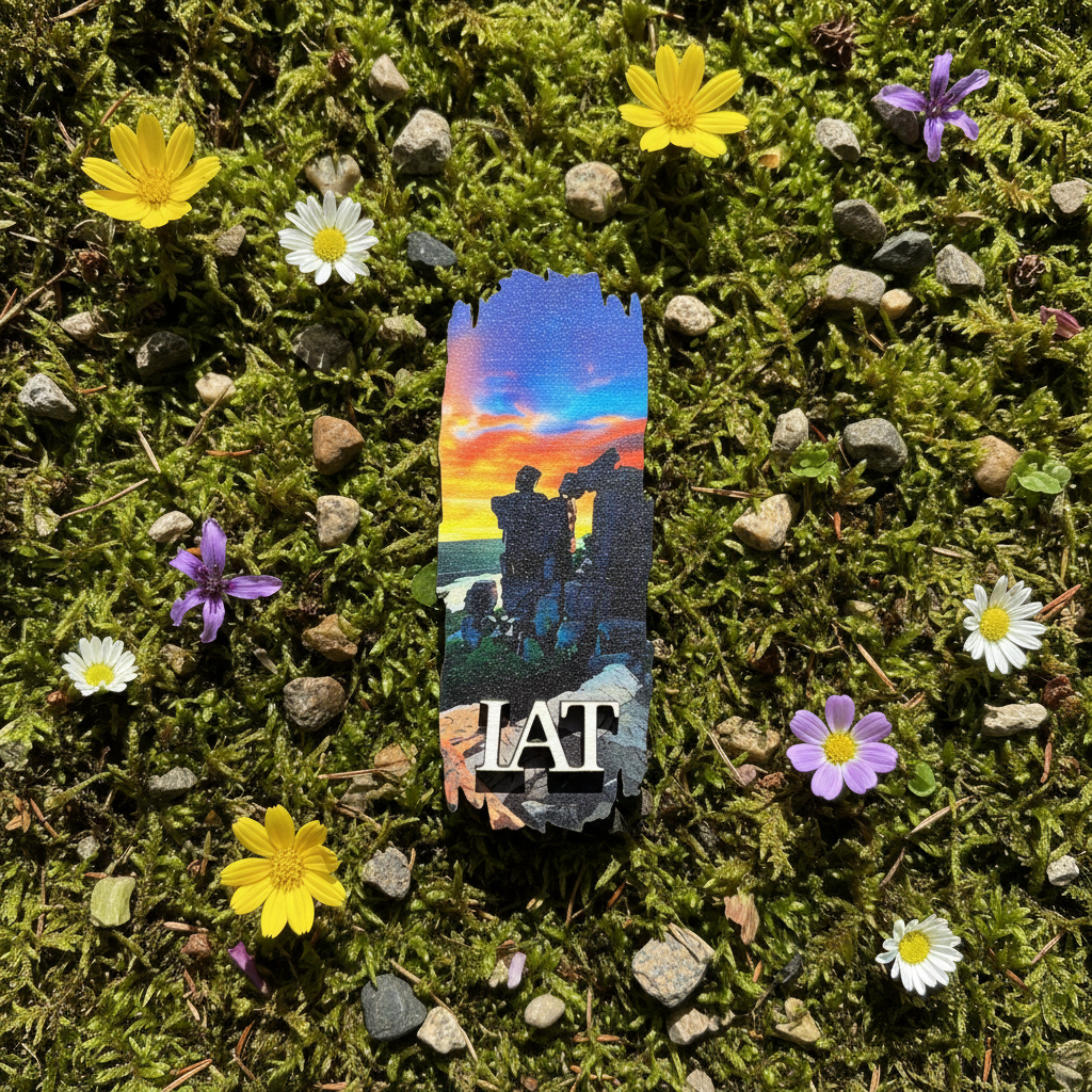 A rectangular magnet with a colorful sunset scene and the text 'IAT' lies on green moss surrounded by small white, yellow, and purple flowers outdoors.