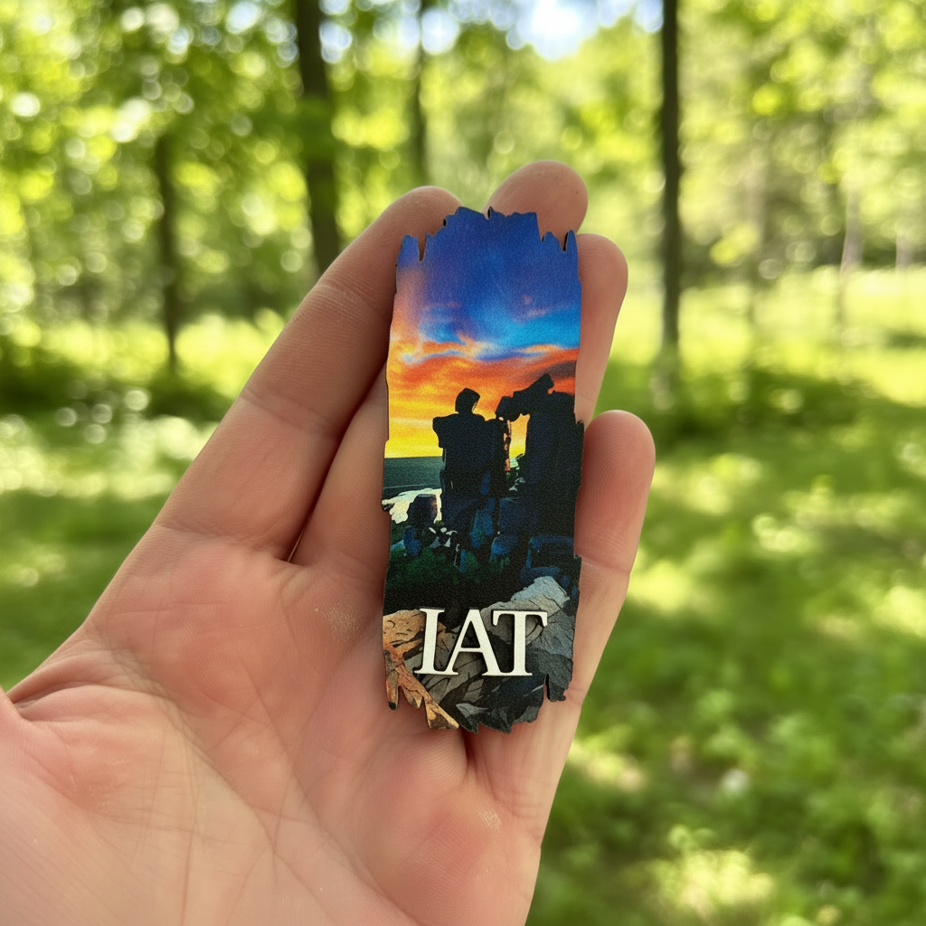 A hand holds a small rectangular souvenir magnet featuring a sunset landscape with silhouetted rock formations and the text 'IAT' in white, against a blurred green forest background.
