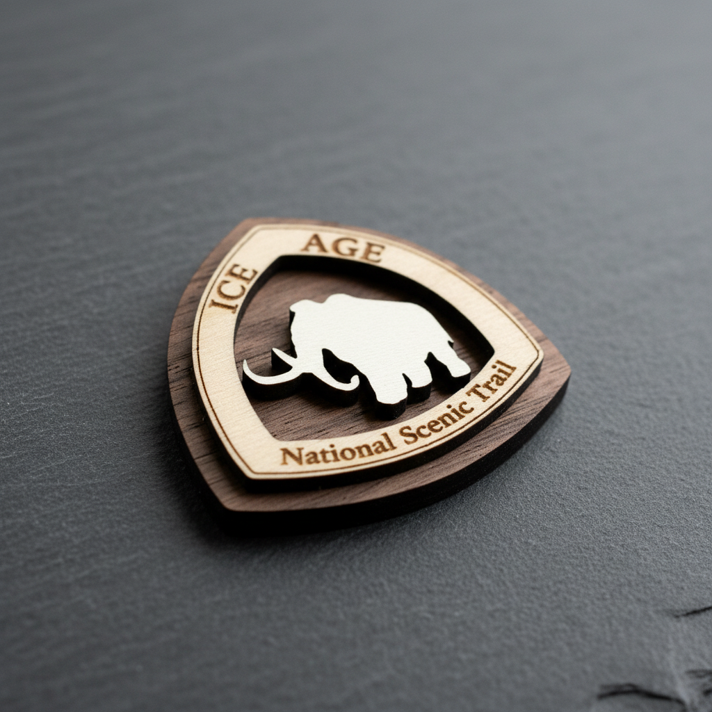Wooden magnet with Ice Age National Scenic Trail logo on a dark surface