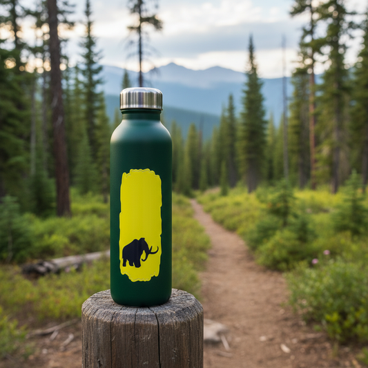Ice Age Trail Blaze Decal - Professional Hiking Photo featuring a yellow blaze decal on a green water bottle with a scenic woods and hiking trail background.
