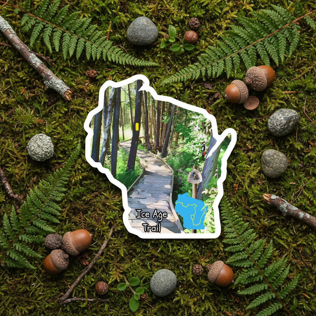 Sticker of the Ice Age Trail on a natural background with greenery and rocks.