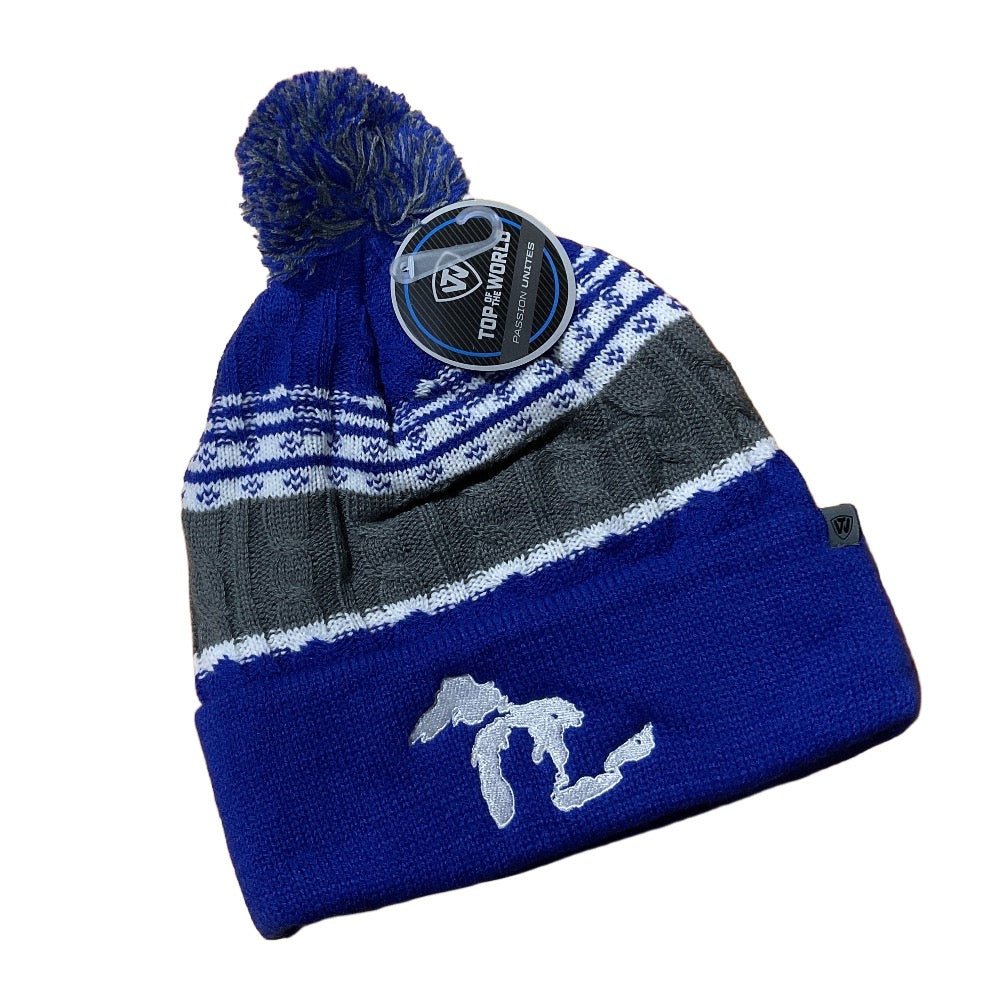 Blue and gray striped beanie with pom-pom on a white background