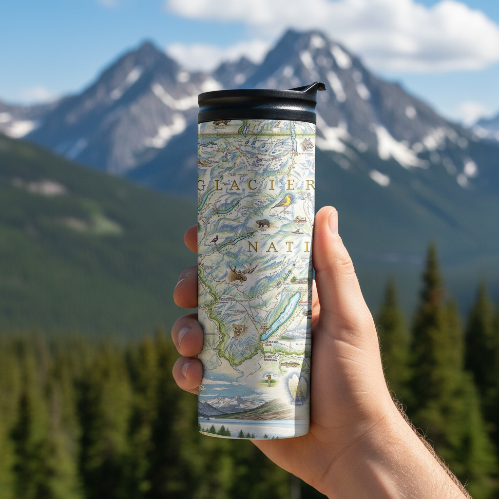 A hand holding a tall insulated tumbler with a black lid, featuring a detailed Glacier National Park map design, set against a background of snow-capped mountains and pine trees.